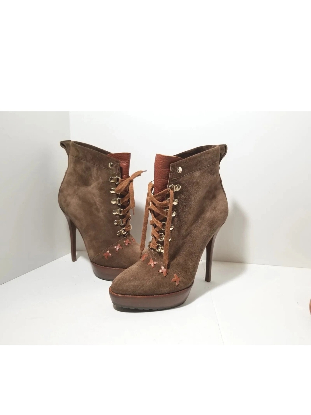 Ralph Lauren Purple Label Vicky Platform Heels Hiking Boots Size 9B Brown